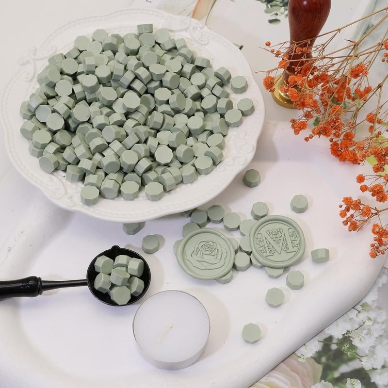 Atopbb 300 Pcs Wax Seal Beads, Sage Green Sealing Wax Beads, Refilling Octagon Wax Sealing Beads for Wax Stamp Sealing, Perfect for Wedding Invitations, Christmas Cards, Envelopes (Sage Green) - Image 3